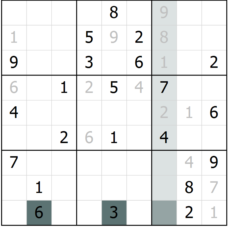 Position des candidats pour la solution de la Gr 3 page 6 du magazine de sudoku Virtuose n° 116