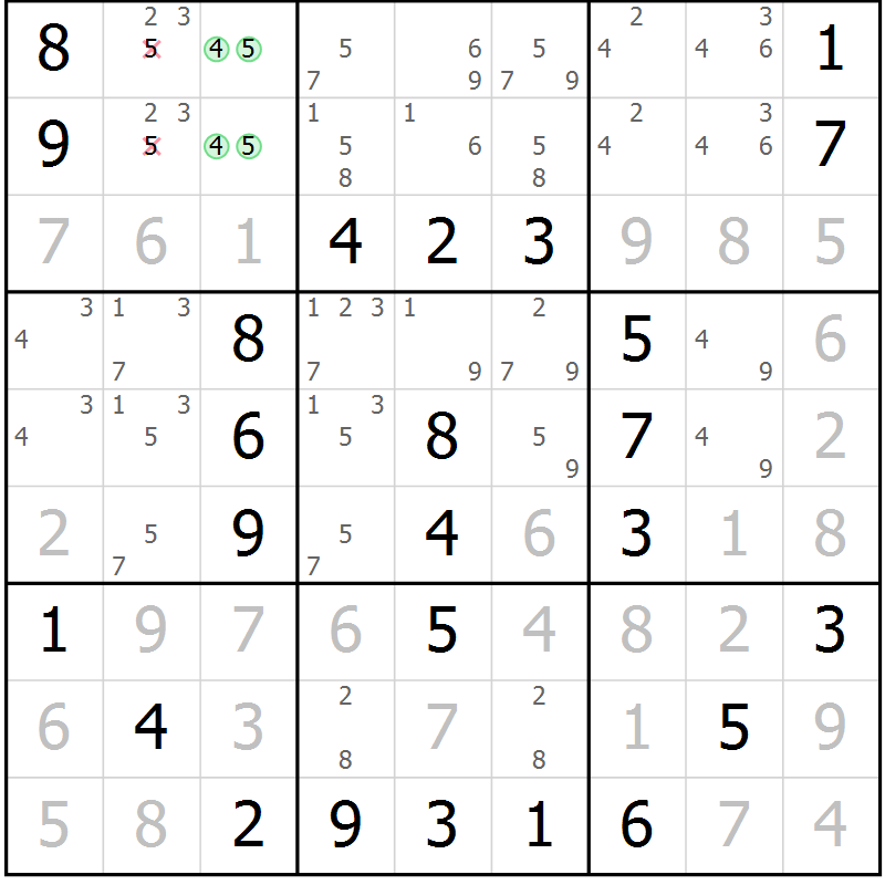 Position des candidats pour la solution de la Gr 33 page 36 du magazine de sudoku Virtuose n° 116