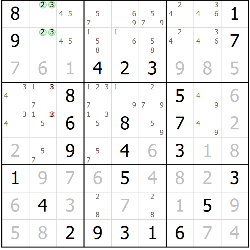 Position des candidats pour la solution de la Gr 33 page 36 du magazine de sudoku Virtuose n° 116