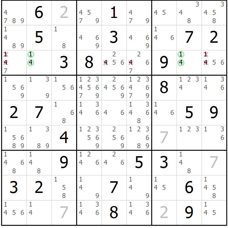 Position des candidats pour la solution de la Gr 36 page 39 du magazine de sudoku Virtuose n° 116