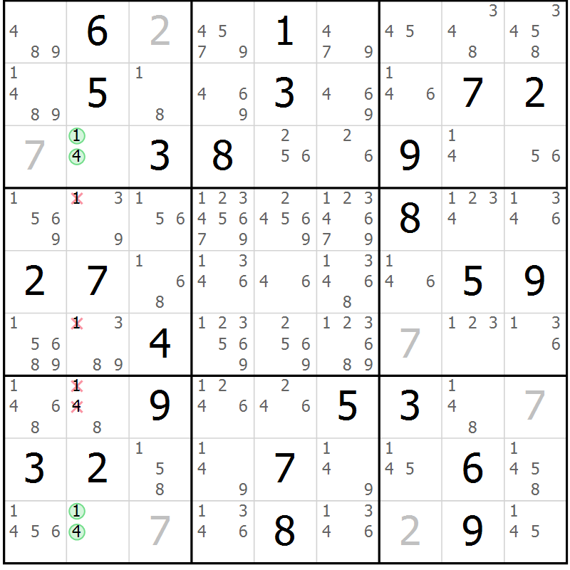 Position des candidats pour la solution de la Gr 36 page 39 du magazine de sudoku Virtuose n° 116
