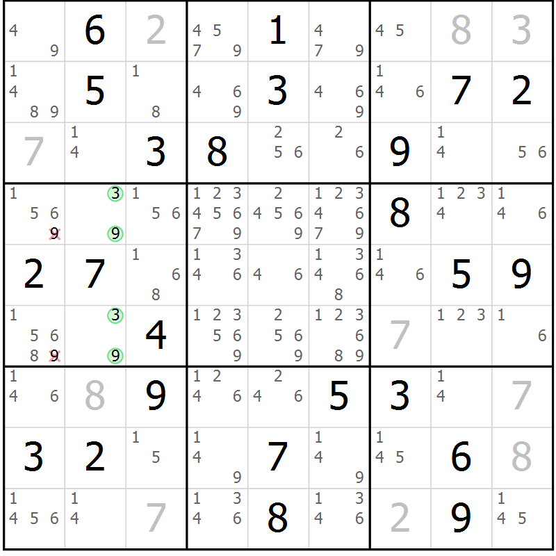 Position des candidats pour la solution de la Gr 36 page 39 du magazine de sudoku Virtuose n° 116