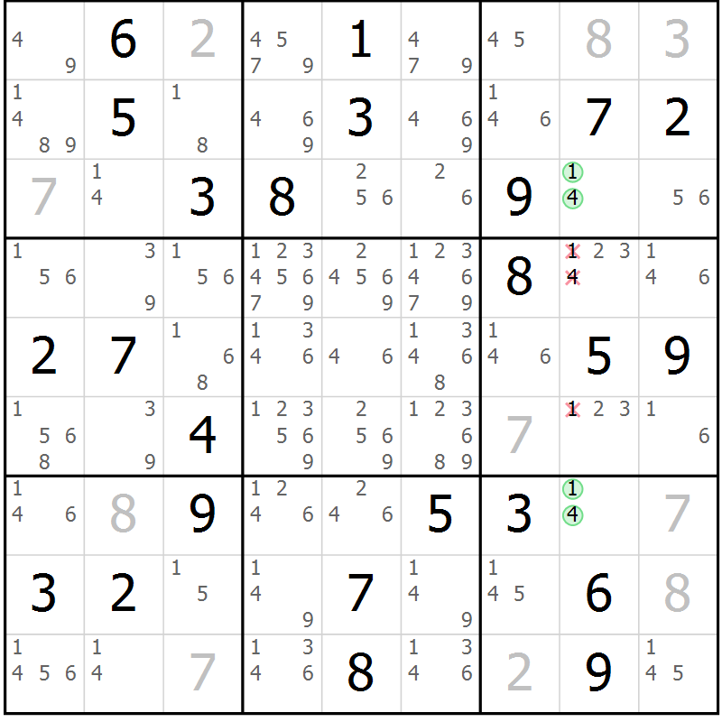 Position des candidats pour la solution de la Gr 36 page 39 du magazine de sudoku Virtuose n° 116