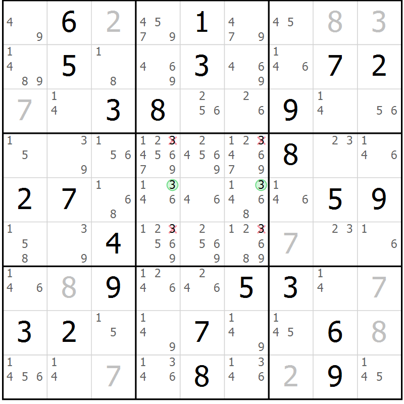 Position des candidats pour la solution de la Gr 36 page 39 du magazine de sudoku Virtuose n° 116