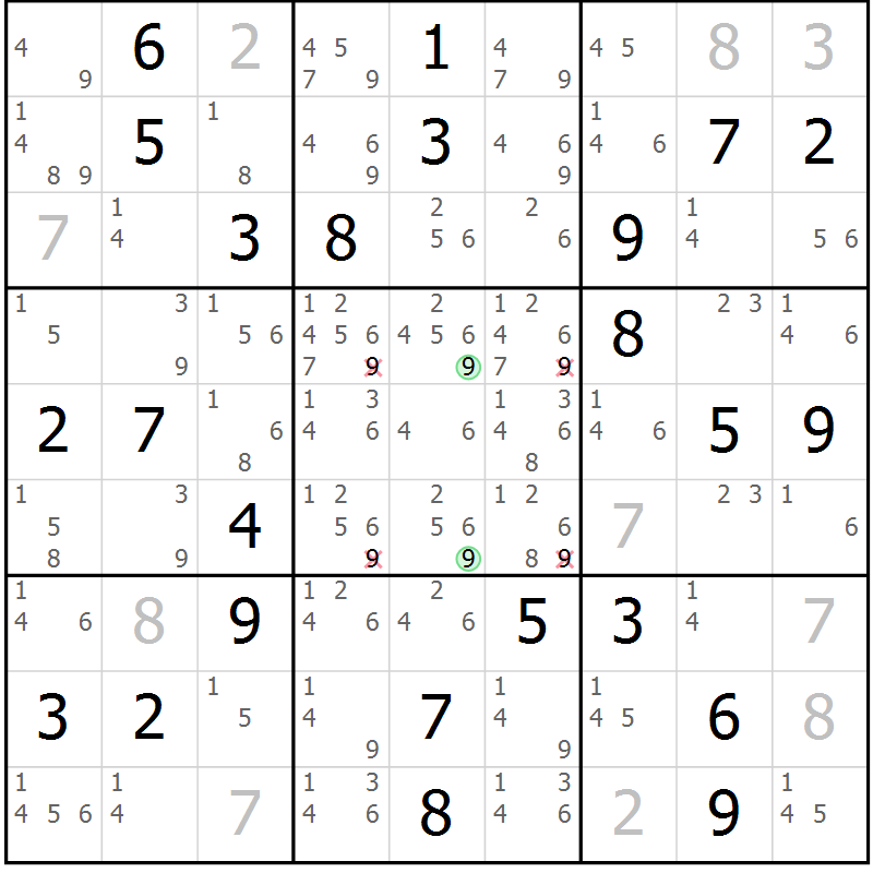 Position des candidats pour la solution de la Gr 36 page 39 du magazine de sudoku Virtuose n° 116