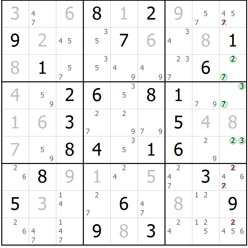 Position des candidats pour la solution de la Gr 39 page 42 du magazine de sudoku Virtuose n° 116