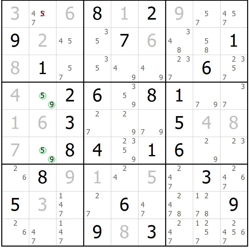 Position des candidats pour la solution de la Gr 39 page 42 du magazine de sudoku Virtuose n° 116