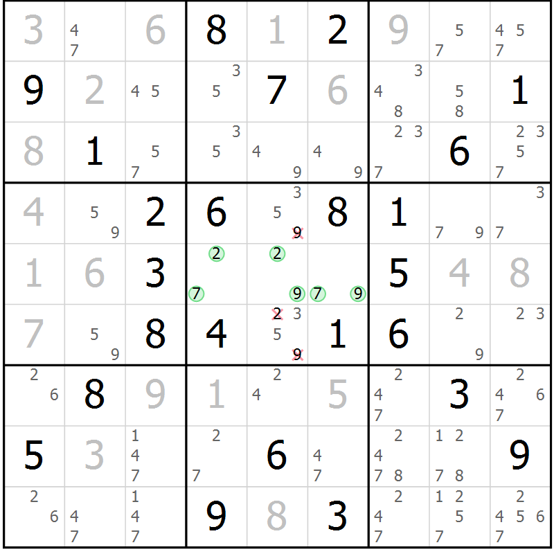 Position des candidats pour la solution de la Gr 39 page 42 du magazine de sudoku Virtuose n° 116