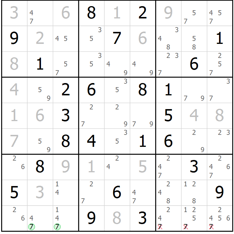 Position des candidats pour la solution de la Gr 39 page 42 du magazine de sudoku Virtuose n° 116