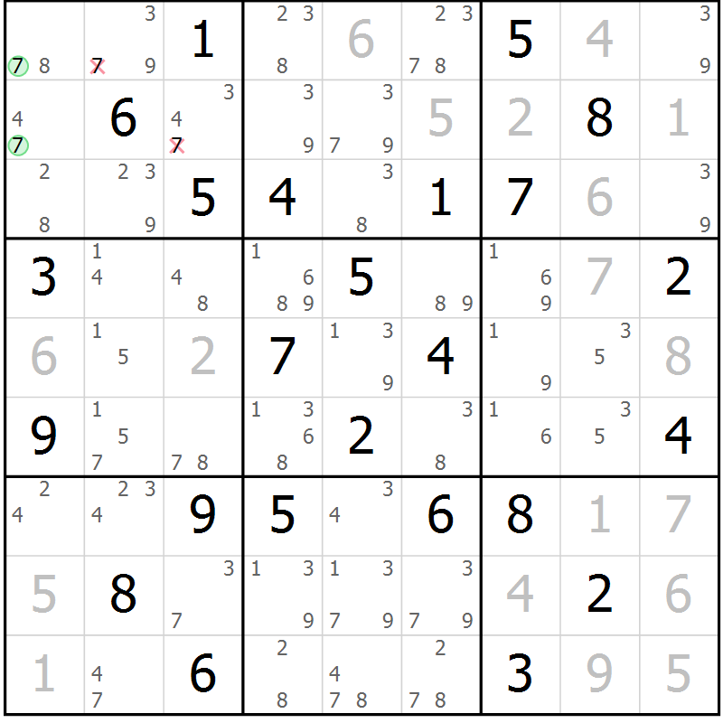 Position des candidats pour la solution de la Gr 40 page 43 du magazine de sudoku Virtuose n° 116