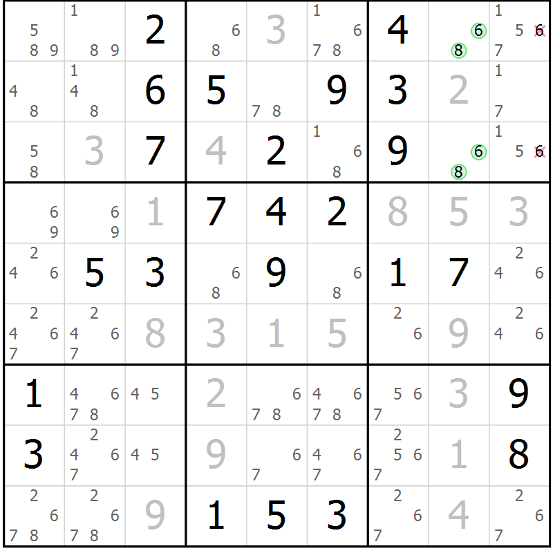 Position des candidats pour la solution de la Gr 42 page 45 du magazine de sudoku Virtuose n° 116