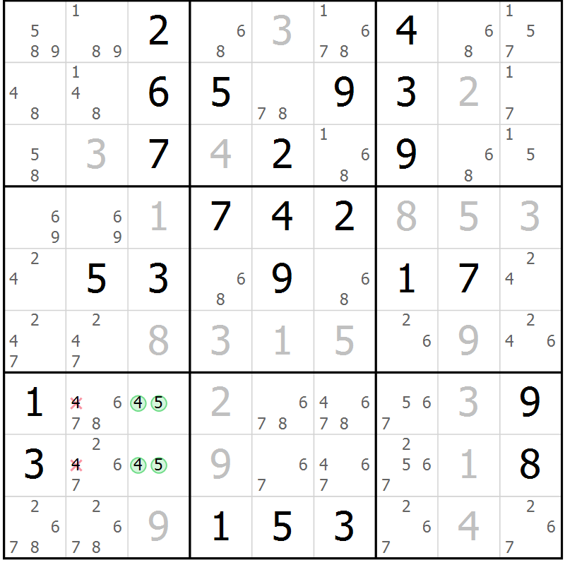 Position des candidats pour la solution de la Gr 42 page 45 du magazine de sudoku Virtuose n° 116