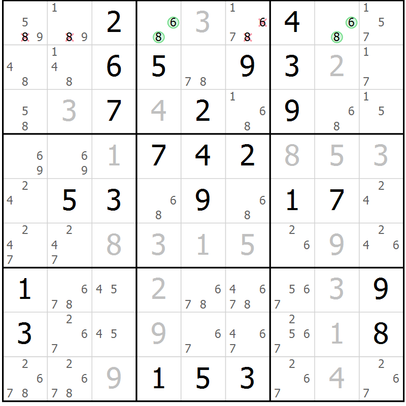 Position des candidats pour la solution de la Gr 42 page 45 du magazine de sudoku Virtuose n° 116