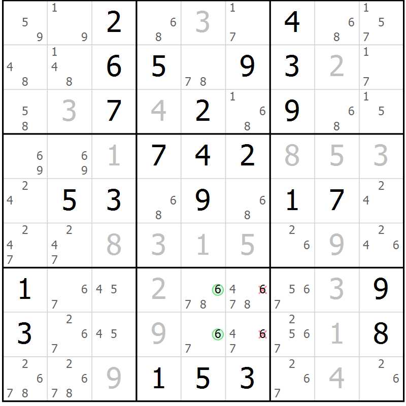 Position des candidats pour la solution de la Gr 42 page 45 du magazine de sudoku Virtuose n° 116