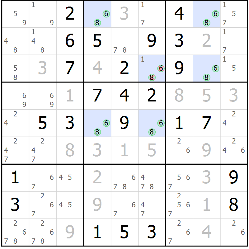 Position des candidats pour la solution de la Gr 42 page 45 du magazine de sudoku Virtuose n° 116
