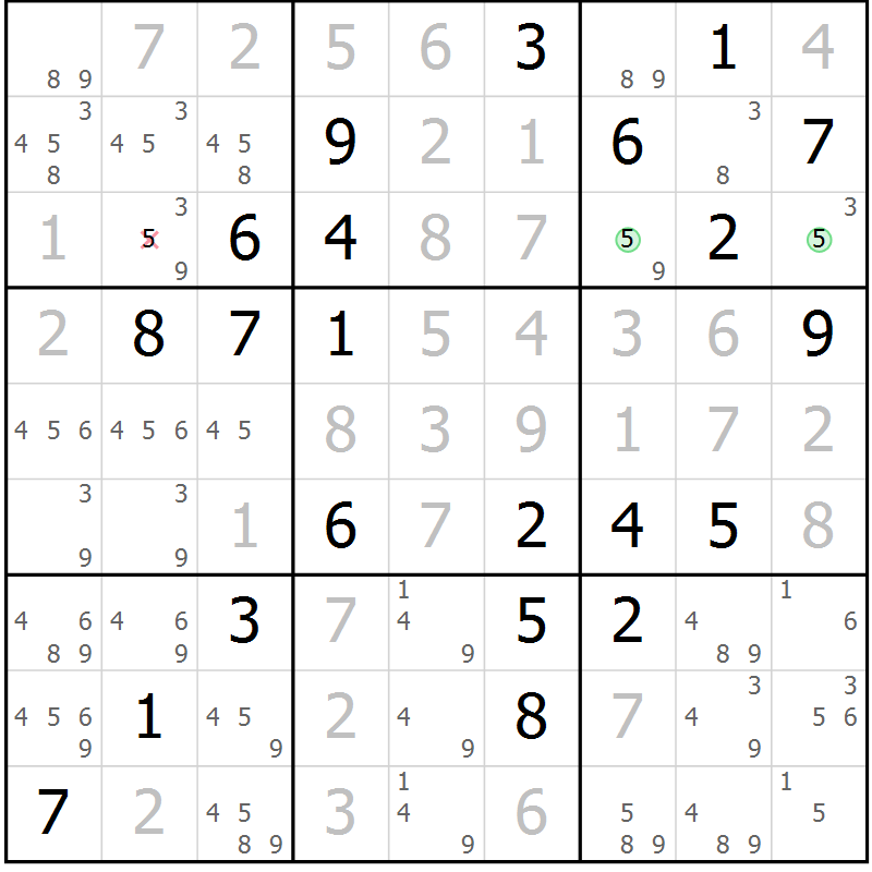 Position des candidats pour la solution de la Gr 43 page 46 du magazine de sudoku Virtuose n° 116