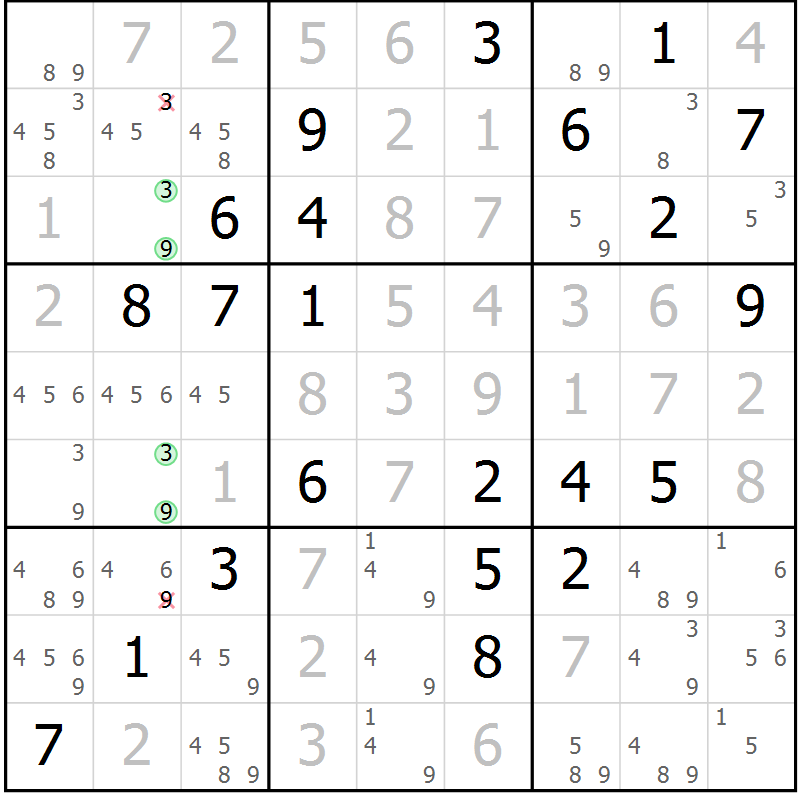 Position des candidats pour la solution de la Gr 43 page 46 du magazine de sudoku Virtuose n° 116