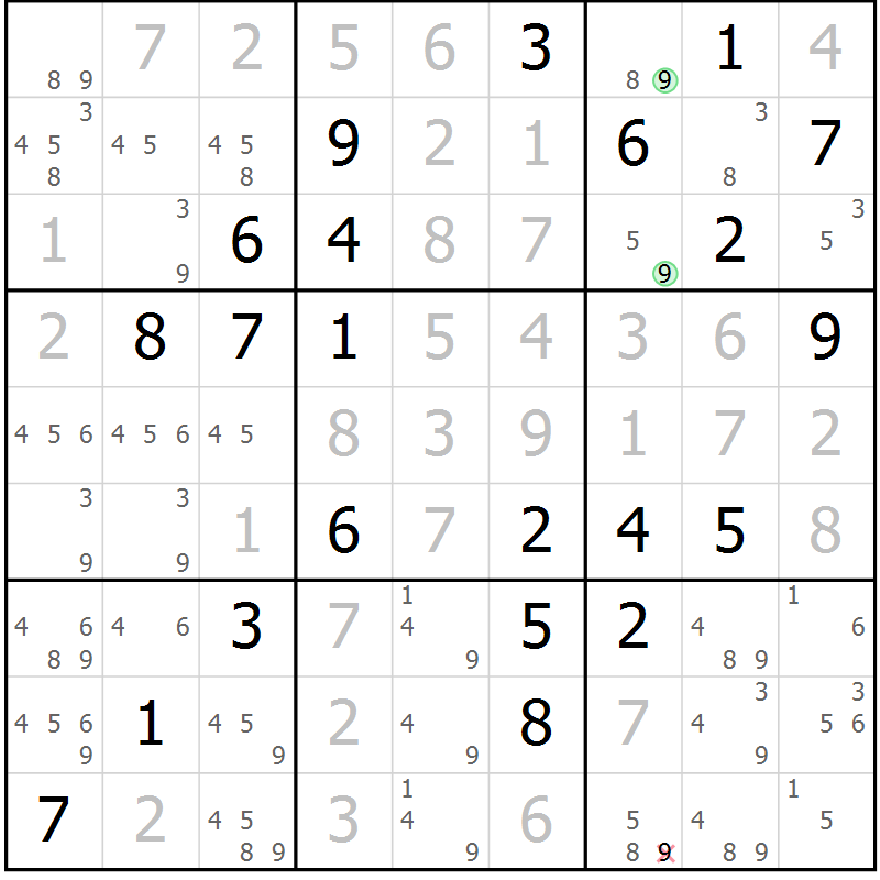 Position des candidats pour la solution de la Gr 43 page 46 du magazine de sudoku Virtuose n° 116