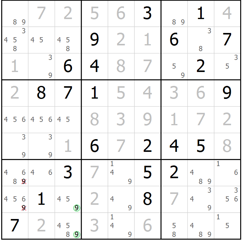 Position des candidats pour la solution de la Gr 43 page 46 du magazine de sudoku Virtuose n° 116