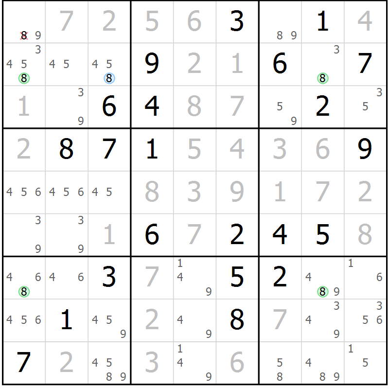 Position des candidats pour la solution de la Gr 43 page 46 du magazine de sudoku Virtuose n° 116