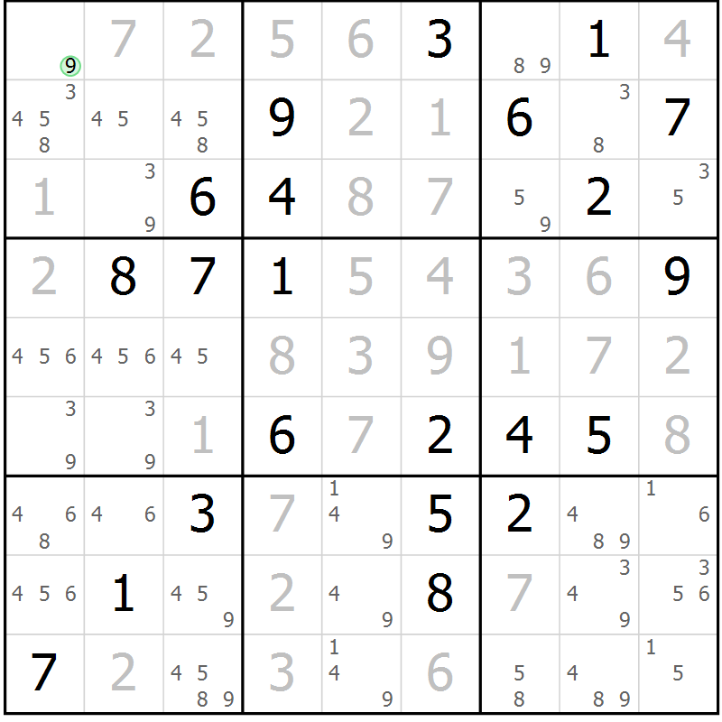 Position des candidats pour la solution de la Gr 43 page 46 du magazine de sudoku Virtuose n° 116