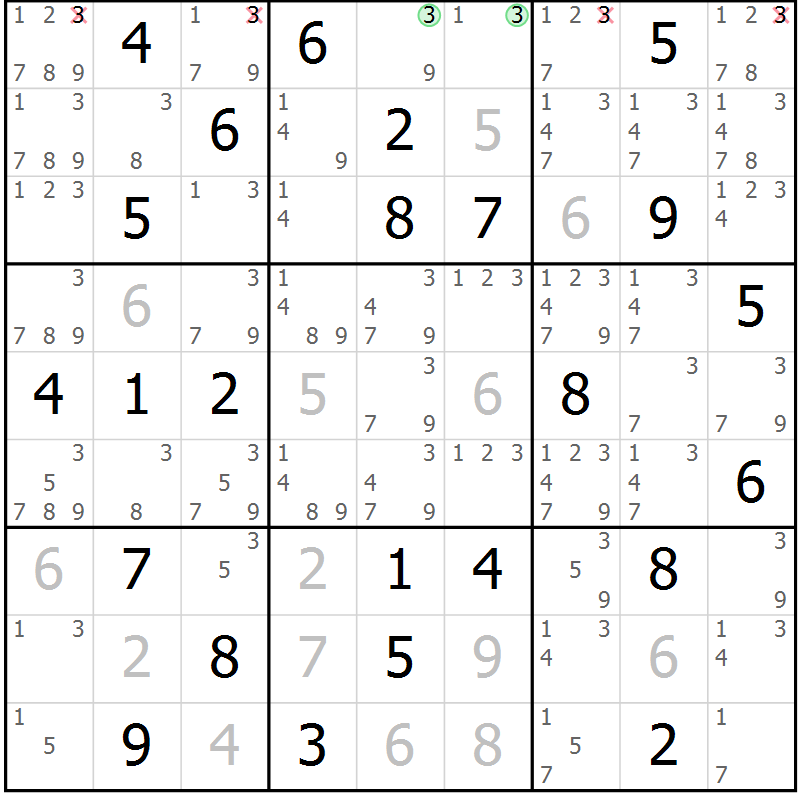 Position des candidats pour la solution de la Gr 45 page 48 du magazine de sudoku Virtuose n° 116