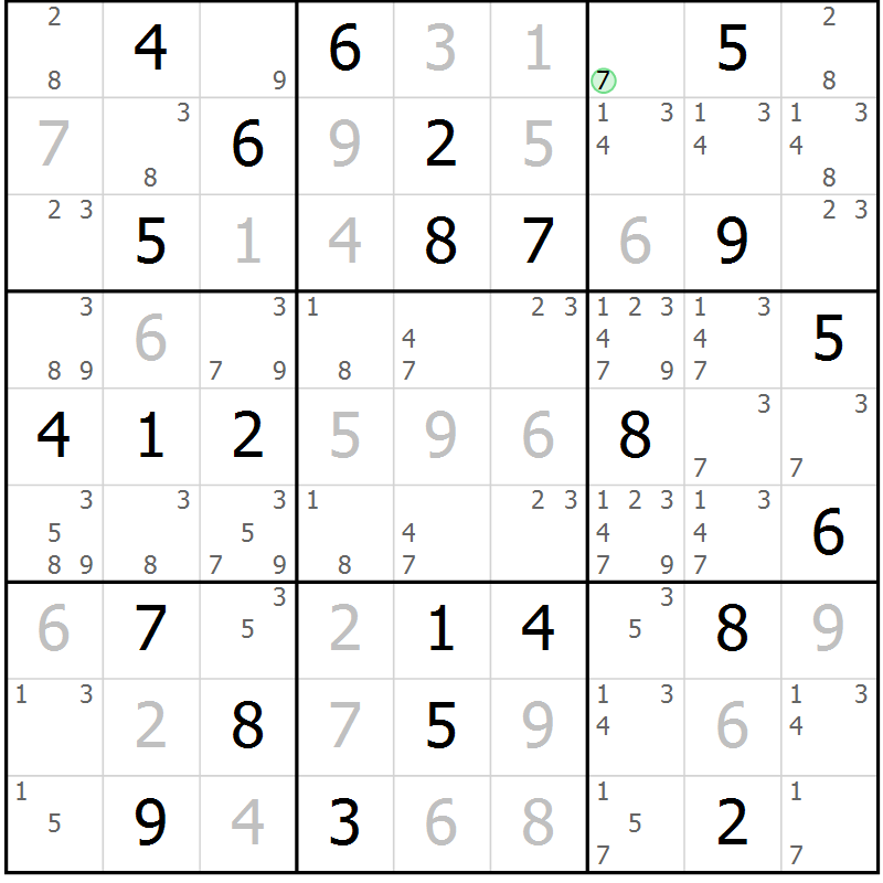 Position des candidats pour la solution de la Gr 45 page 48 du magazine de sudoku Virtuose n° 116