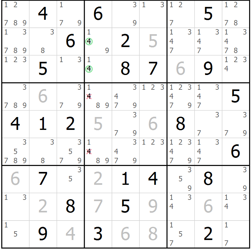 Position des candidats pour la solution de la Gr 45 page 48 du magazine de sudoku Virtuose n° 116