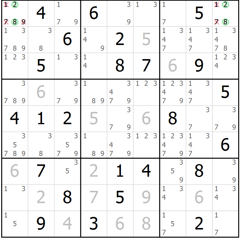Position des candidats pour la solution de la Gr 45 page 48 du magazine de sudoku Virtuose n° 116