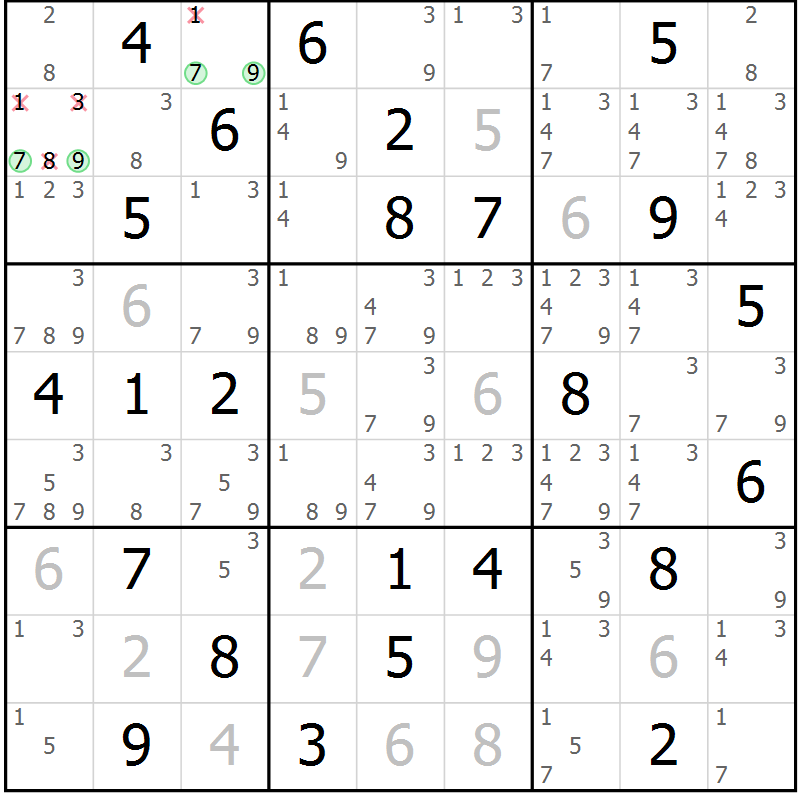 Position des candidats pour la solution de la Gr 45 page 48 du magazine de sudoku Virtuose n° 116