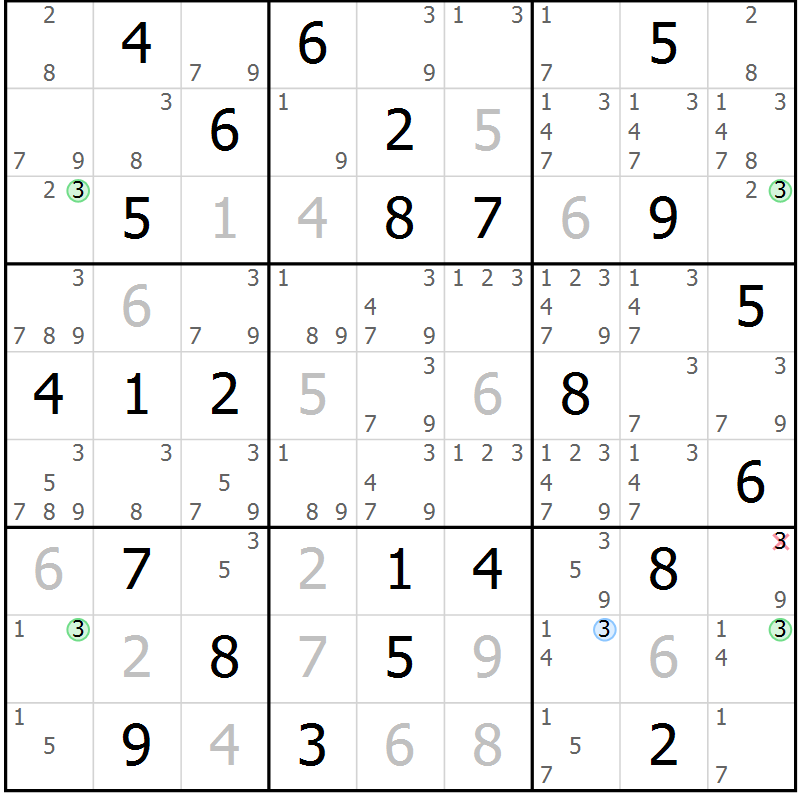 Position des candidats pour la solution de la Gr 45 page 48 du magazine de sudoku Virtuose n° 116