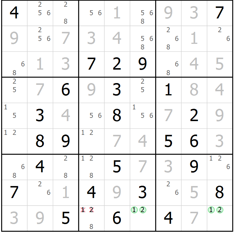 Position des candidats pour la solution de la Gr 46 page 49 du magazine de sudoku Virtuose n° 116
