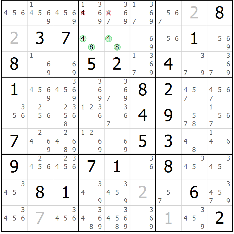Position des candidats pour la solution de la Gr 48 page 51 du magazine de sudoku Virtuose n° 116