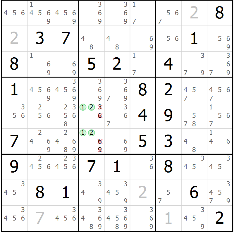 Position des candidats pour la solution de la Gr 48 page 51 du magazine de sudoku Virtuose n° 116