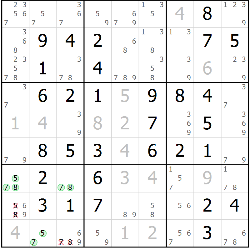 Position des candidats pour la solution de la Gr 49 page 52 du magazine de sudoku Virtuose n° 116