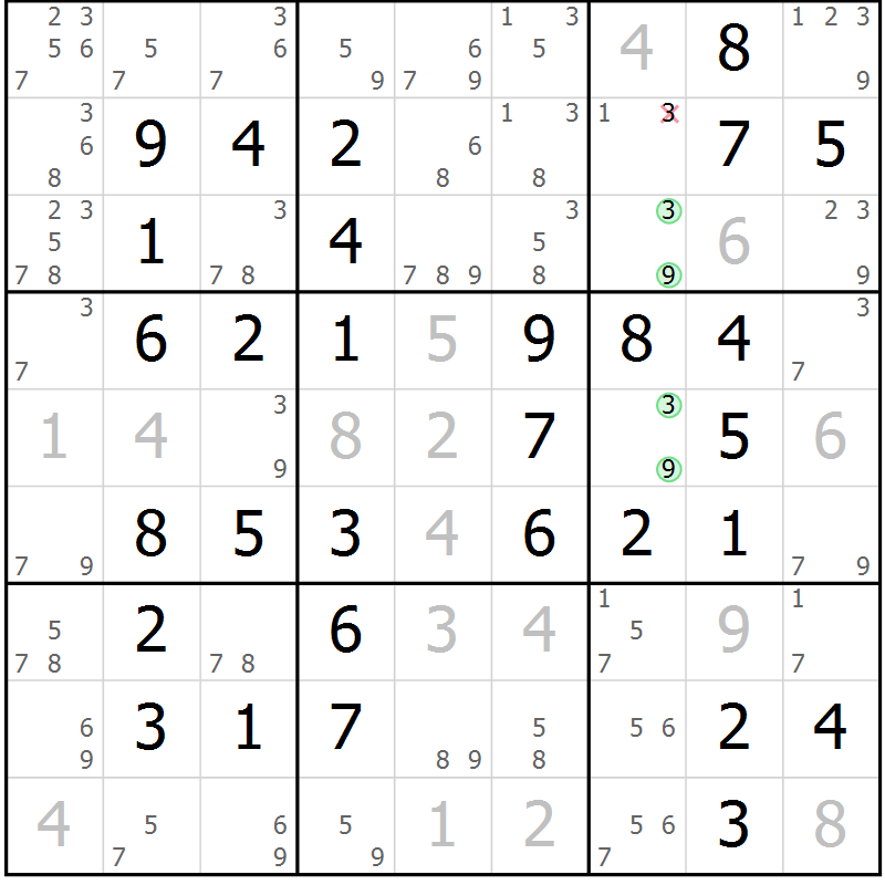 Position des candidats pour la solution de la Gr 49 page 52 du magazine de sudoku Virtuose n° 116