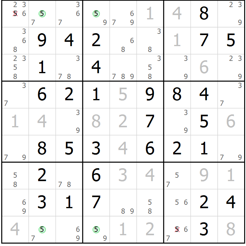 Position des candidats pour la solution de la Gr 49 page 52 du magazine de sudoku Virtuose n° 116