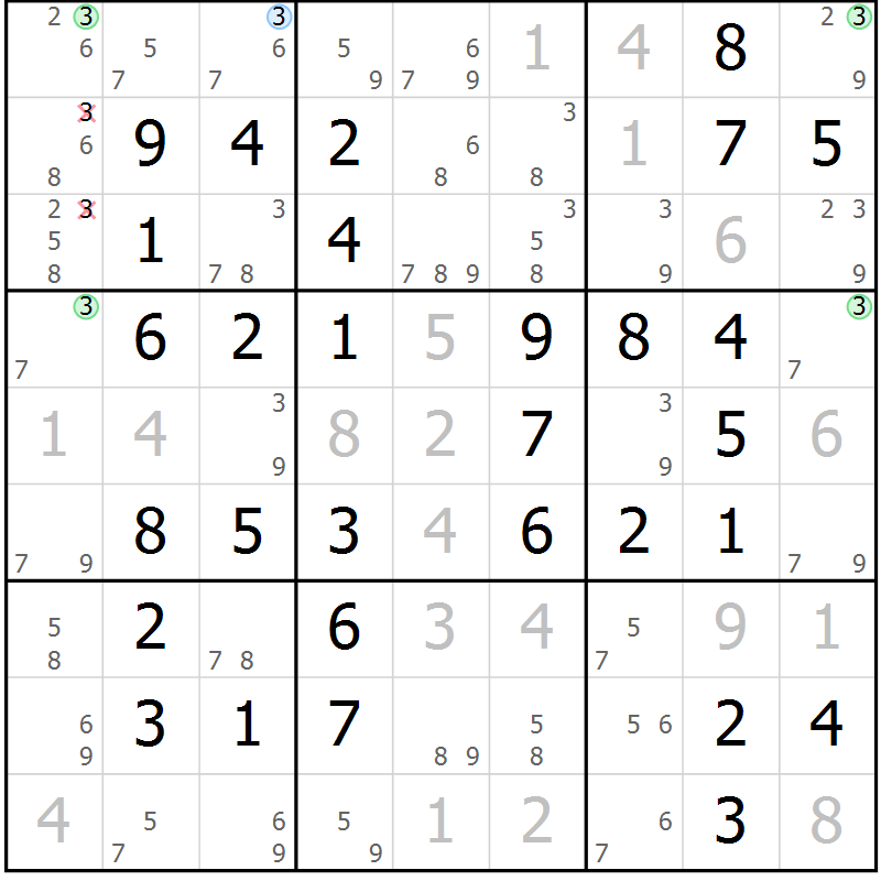 Position des candidats pour la solution de la Gr 49 page 52 du magazine de sudoku Virtuose n° 116
