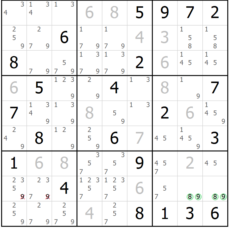 Position des candidats pour la solution de la Gr 5 page 8 du magazine de sudoku Virtuose n° 116