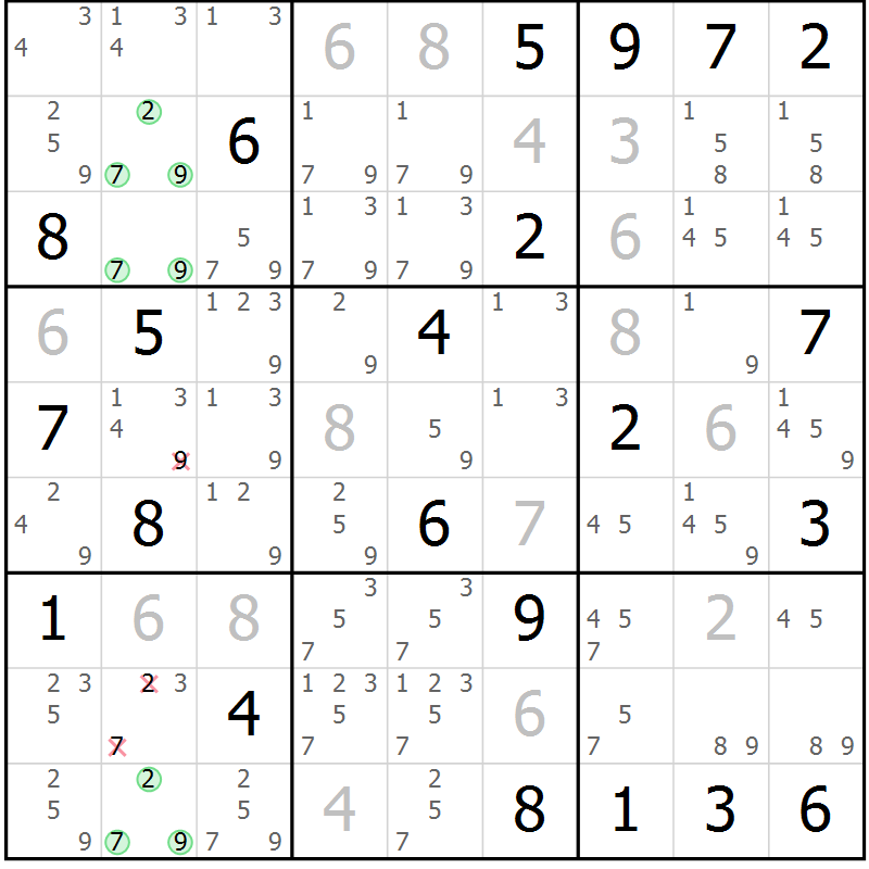 Position des candidats pour la solution de la Gr 5 page 8 du magazine de sudoku Virtuose n° 116