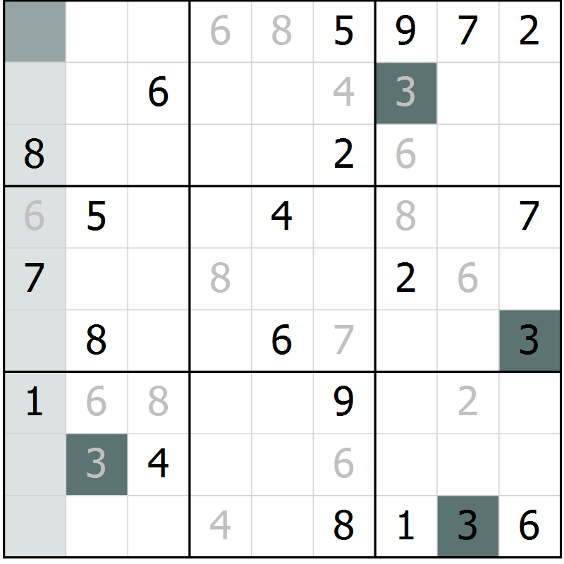 Position des candidats pour la solution de la Gr 5 page 8 du magazine de sudoku Virtuose n° 116
