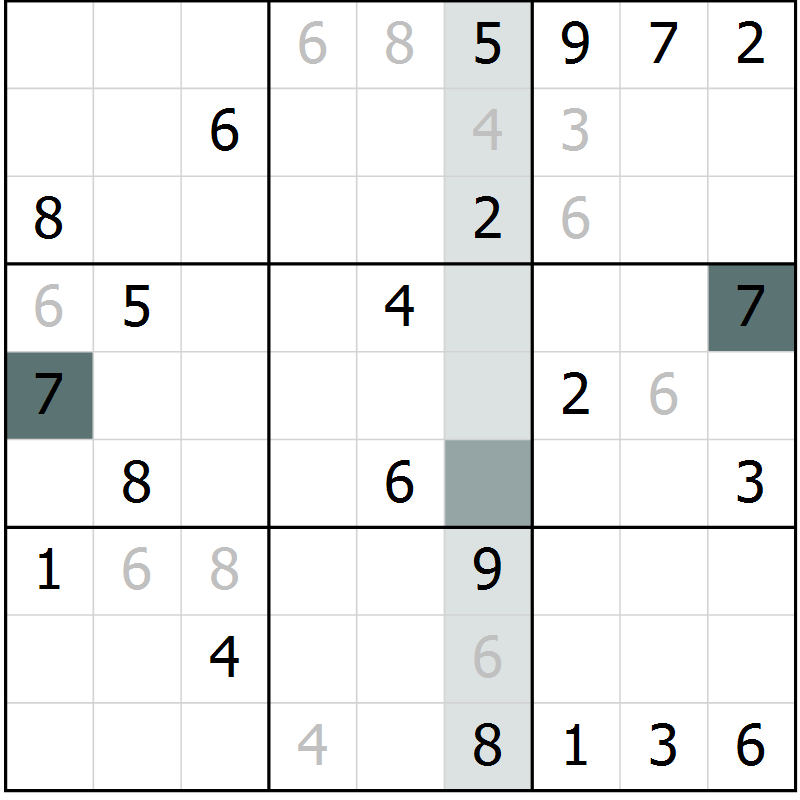 Position des candidats pour la solution de la Gr 5 page 8 du magazine de sudoku Virtuose n° 116