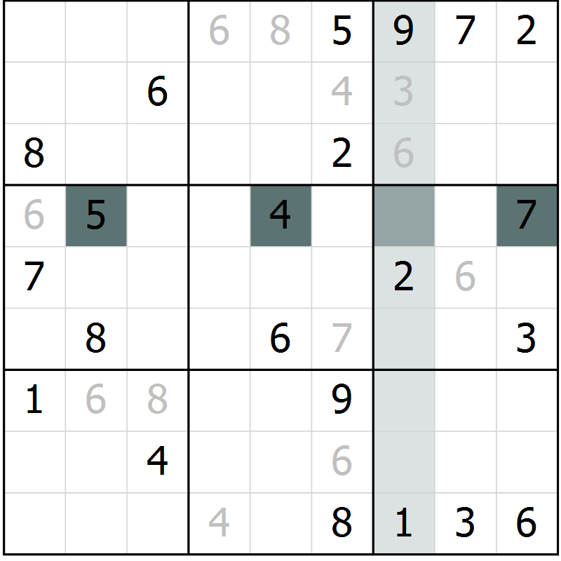 Position des candidats pour la solution de la Gr 5 page 8 du magazine de sudoku Virtuose n° 116