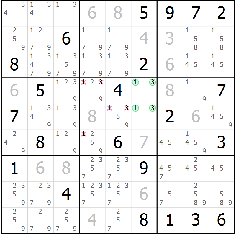 Position des candidats pour la solution de la Gr 5 page 8 du magazine de sudoku Virtuose n° 116
