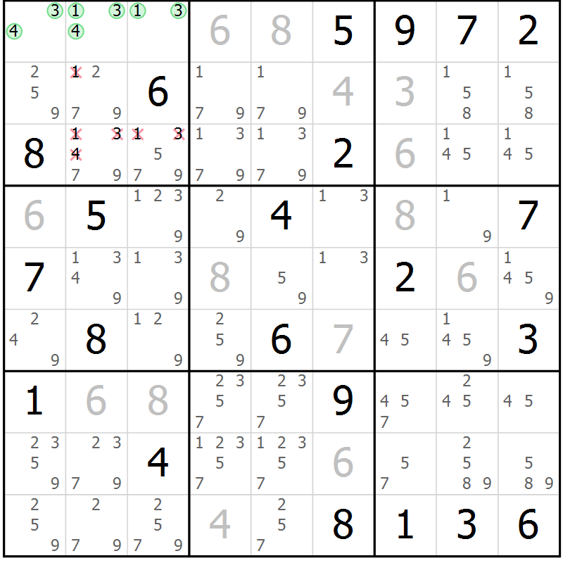 Position des candidats pour la solution de la Gr 5 page 8 du magazine de sudoku Virtuose n° 116