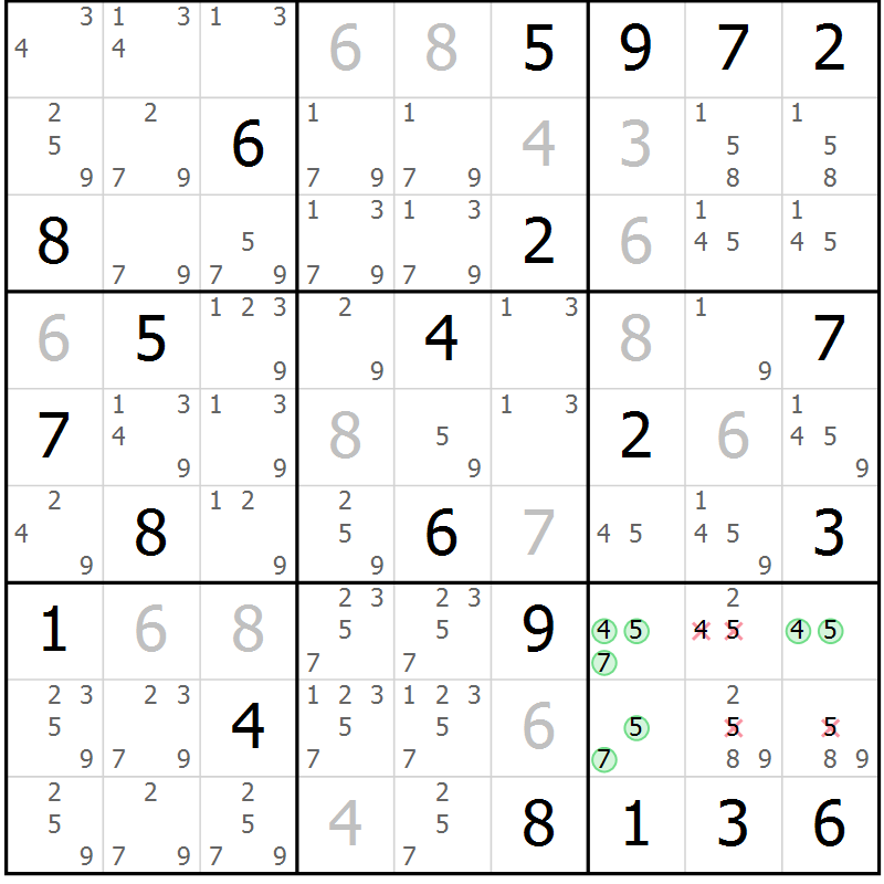 Position des candidats pour la solution de la Gr 5 page 8 du magazine de sudoku Virtuose n° 116