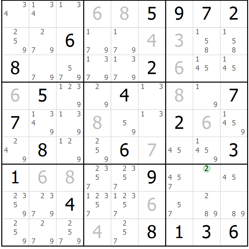 Position des candidats pour la solution de la Gr 5 page 8 du magazine de sudoku Virtuose n° 116