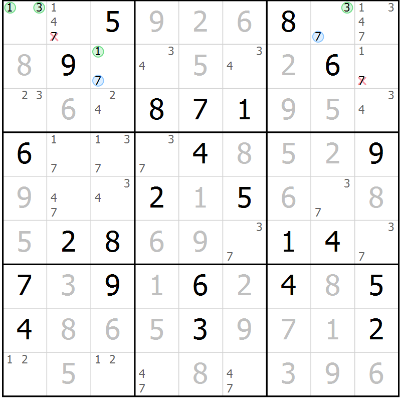 Position des candidats pour la solution de la Gr 51 page 54 du magazine de sudoku Virtuose n° 116