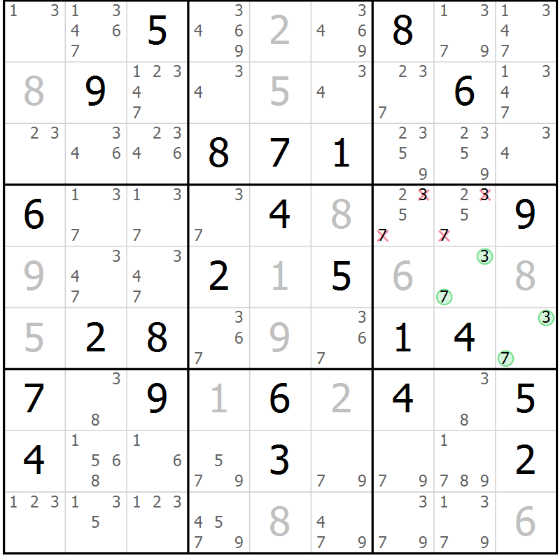 Position des candidats pour la solution de la Gr 51 page 54 du magazine de sudoku Virtuose n° 116