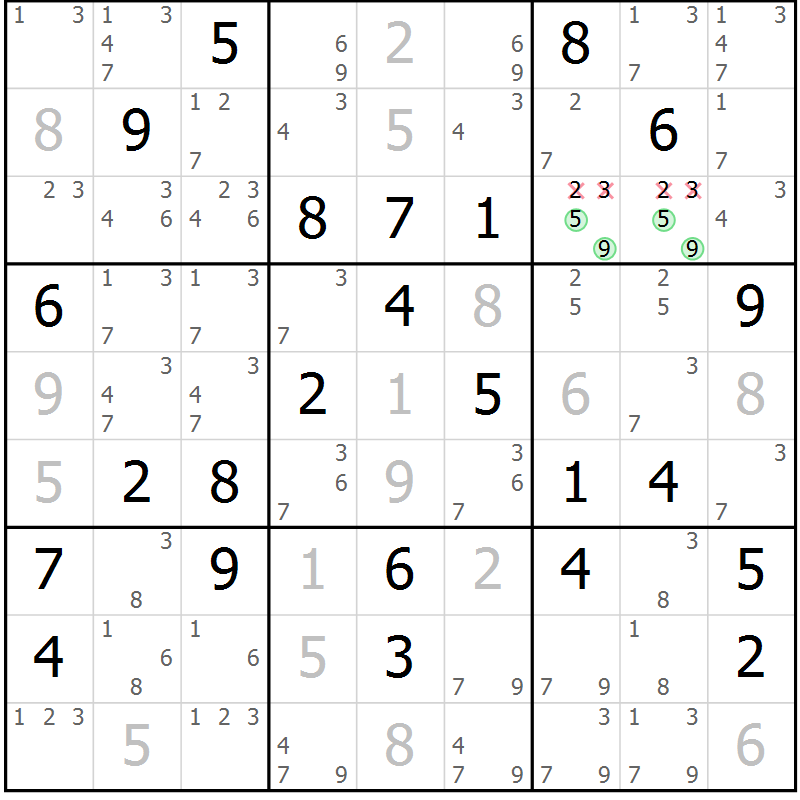 Position des candidats pour la solution de la Gr 51 page 54 du magazine de sudoku Virtuose n° 116